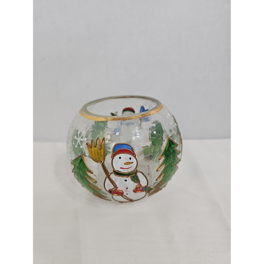 Crackle Glass Votive Hand Painted Snowman Christmas EUC